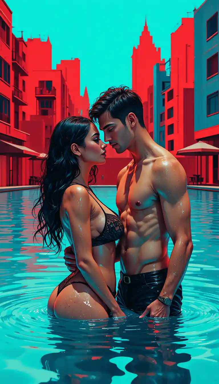 Romantic couple in a shallow pool with pop art cityscape