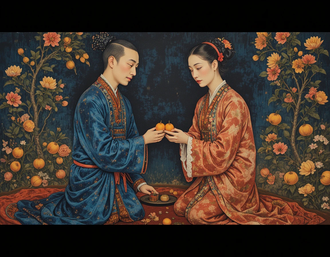 古典版畫風格中交換橘子的兩個人物
