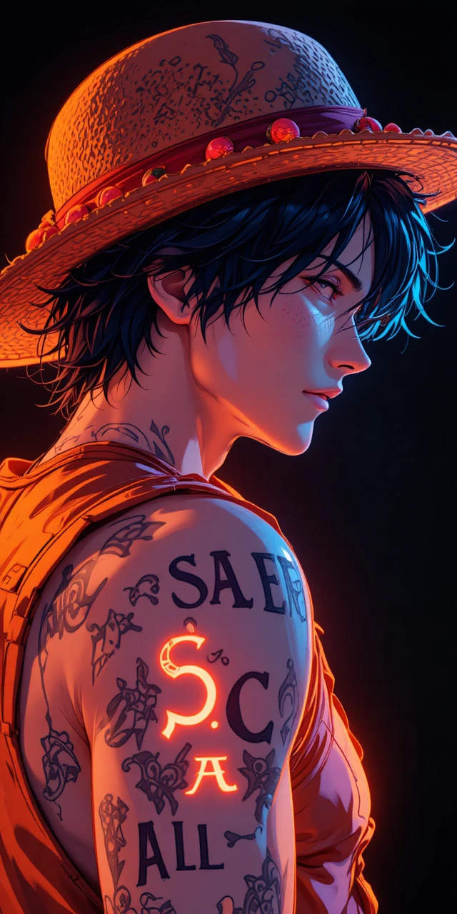 Anime profile portrait of a freckled man in orange hat
