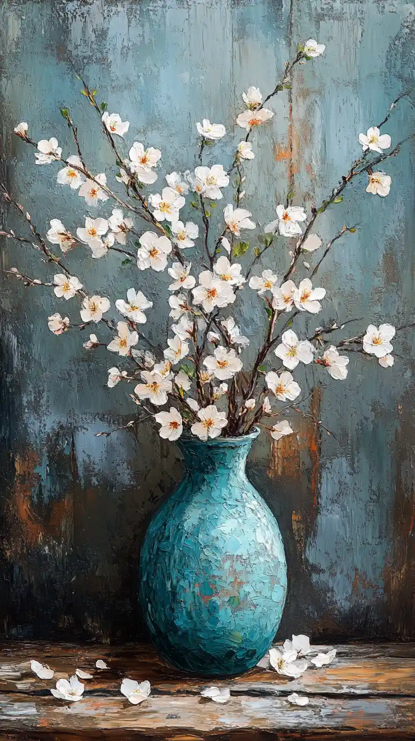Fiori bianchi in vaso turchese su tavolo rustico in legno