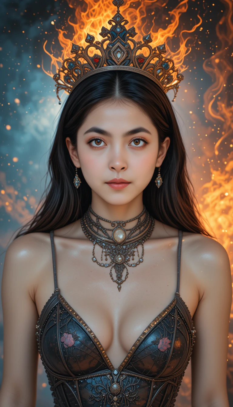 Fantasy woman crowned in cosmic ash and starfire