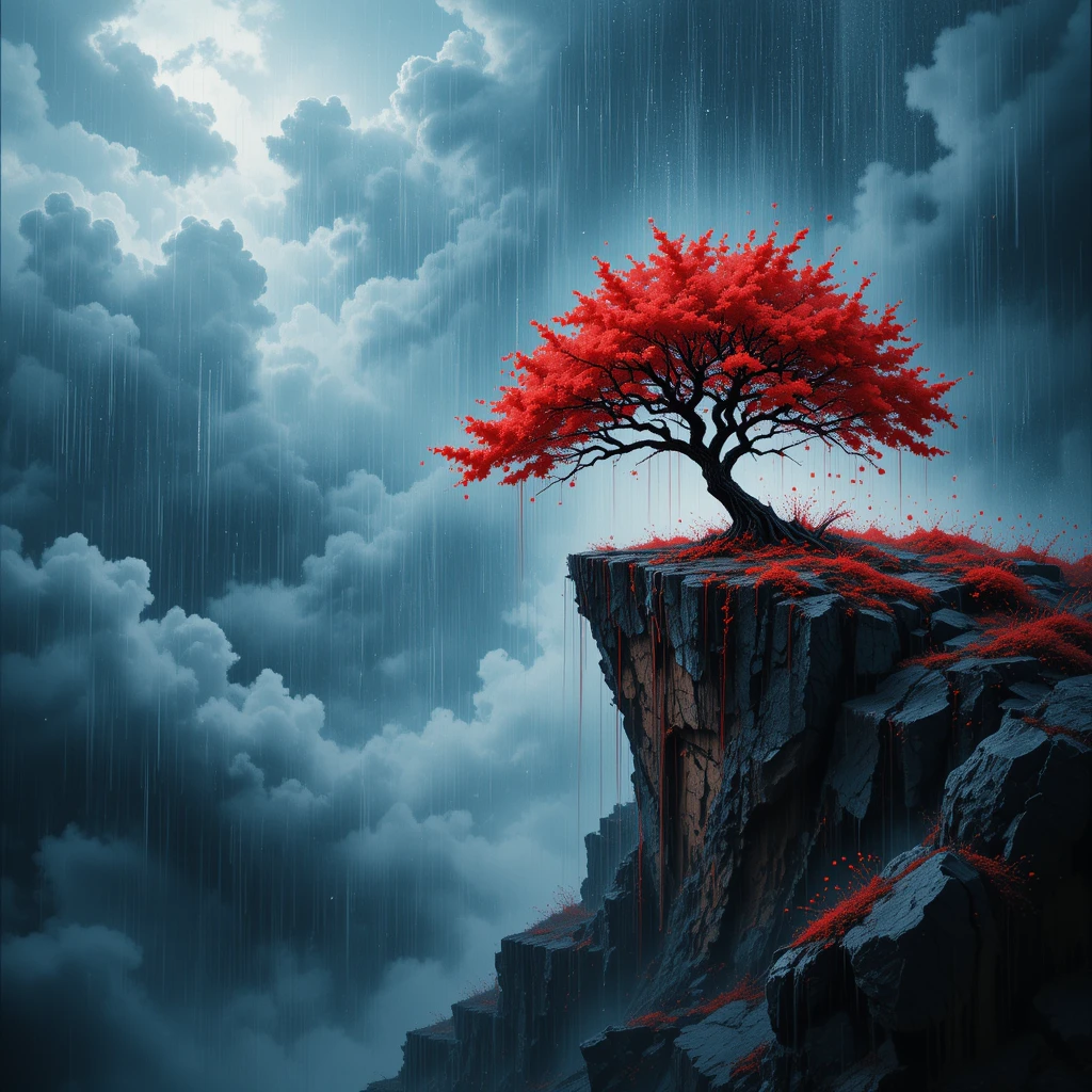 Arbre rouge accroché à une falaise sous une forte pluie de tempête