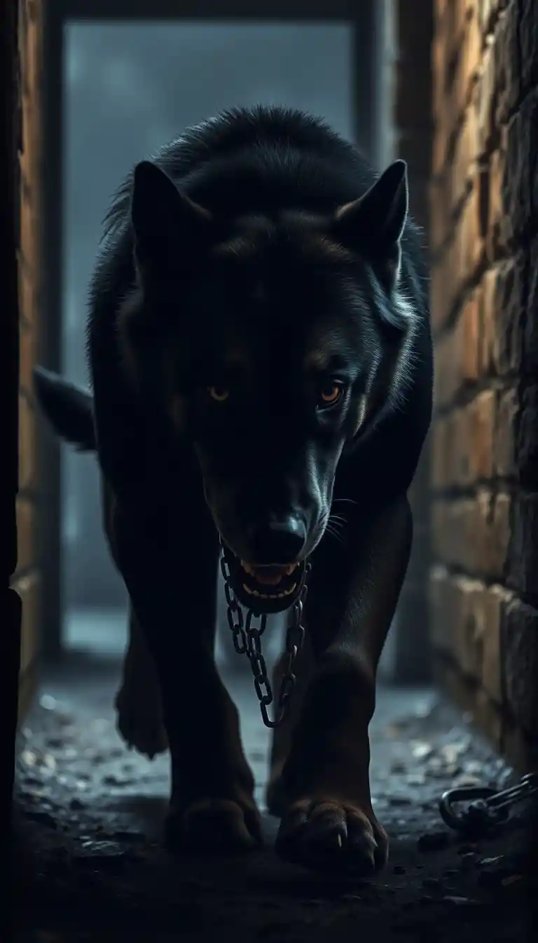 Massive dog emerging from the shadows in a dark room