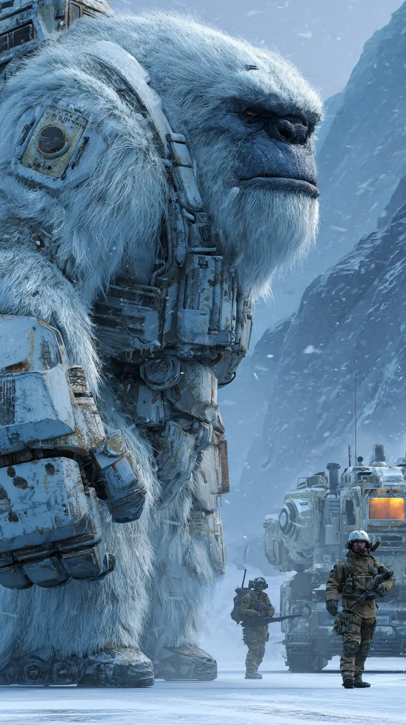 Armored white yeti close up beside winter soldier
