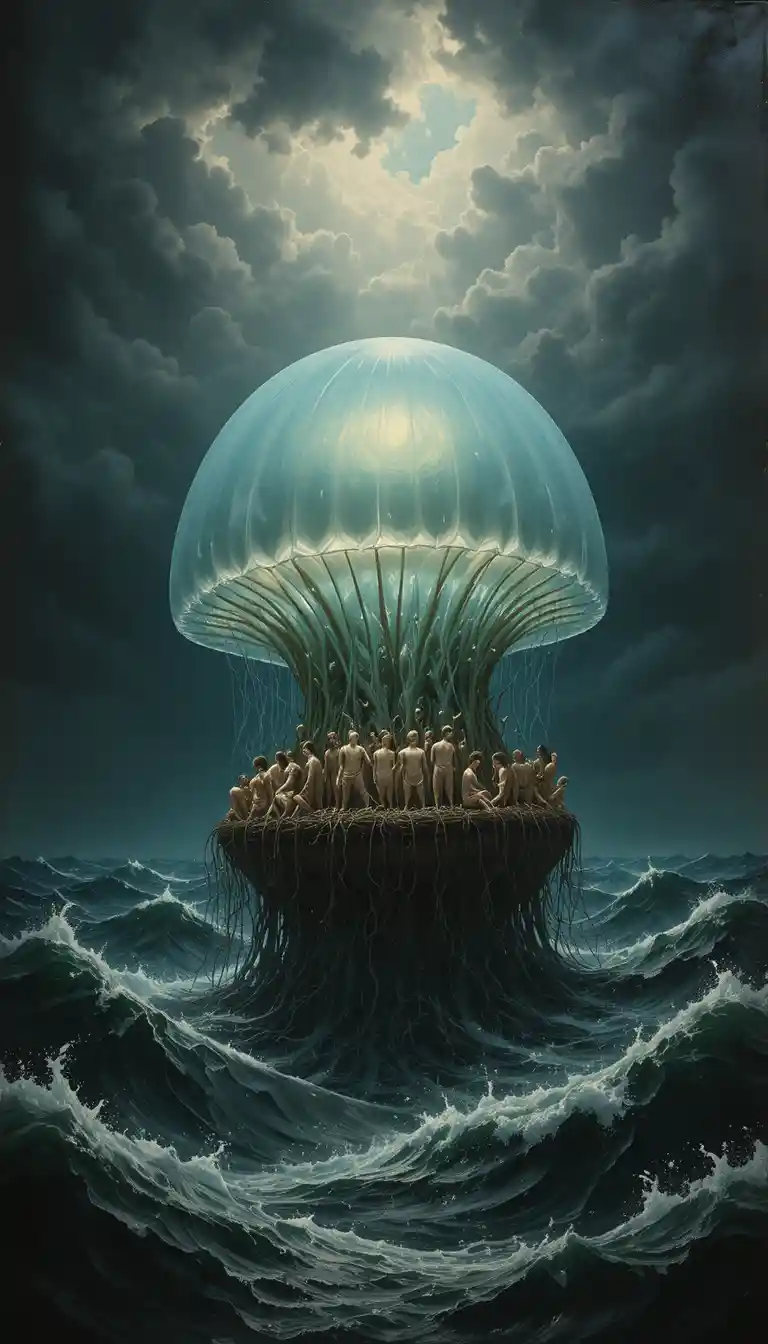 Stormy Seascape With Survivors Clinging To Giant Jellyfish