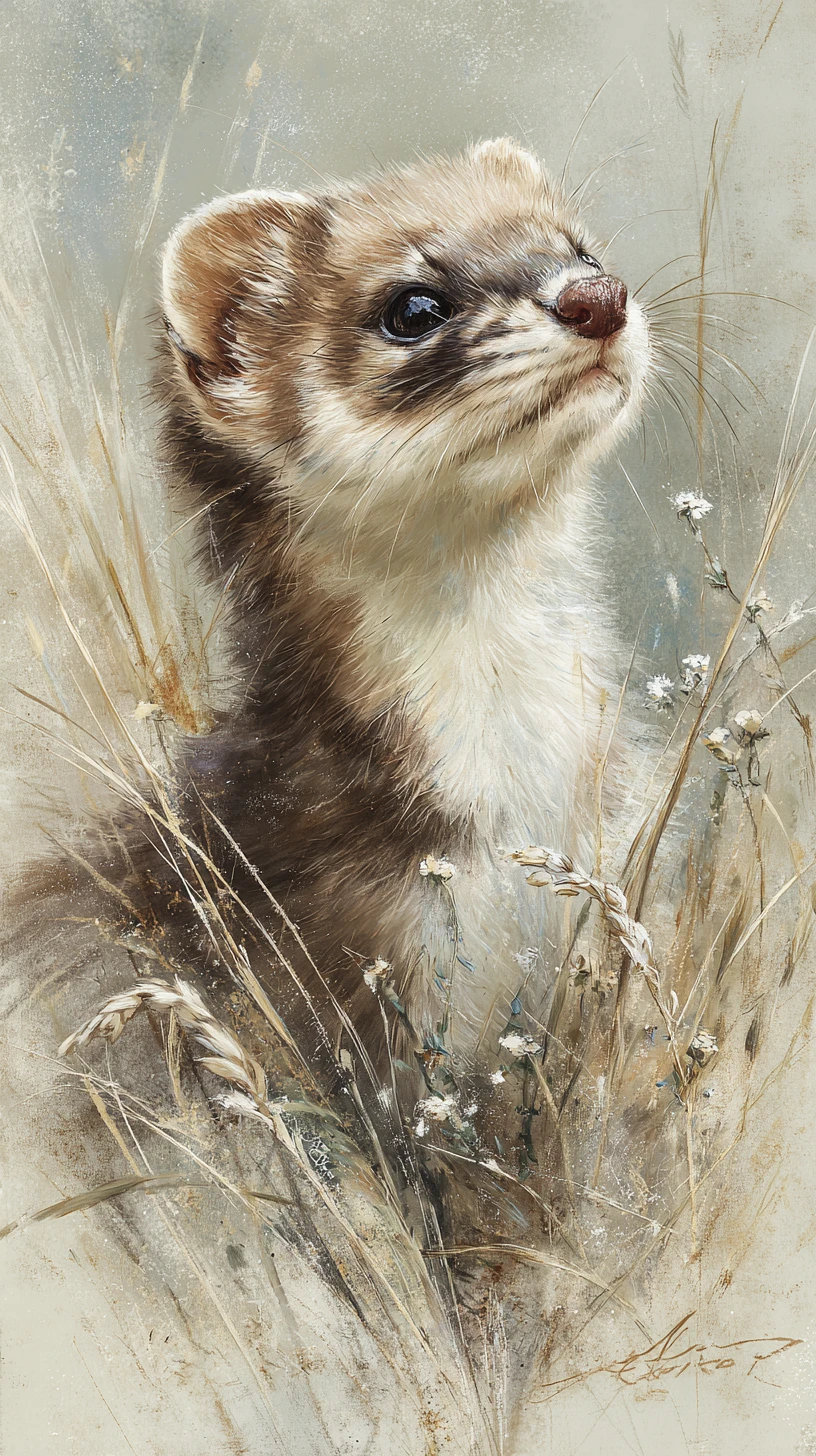 Flauschiges Wieselporträt in einer ruhigen Aquarell-Feldlandschaft