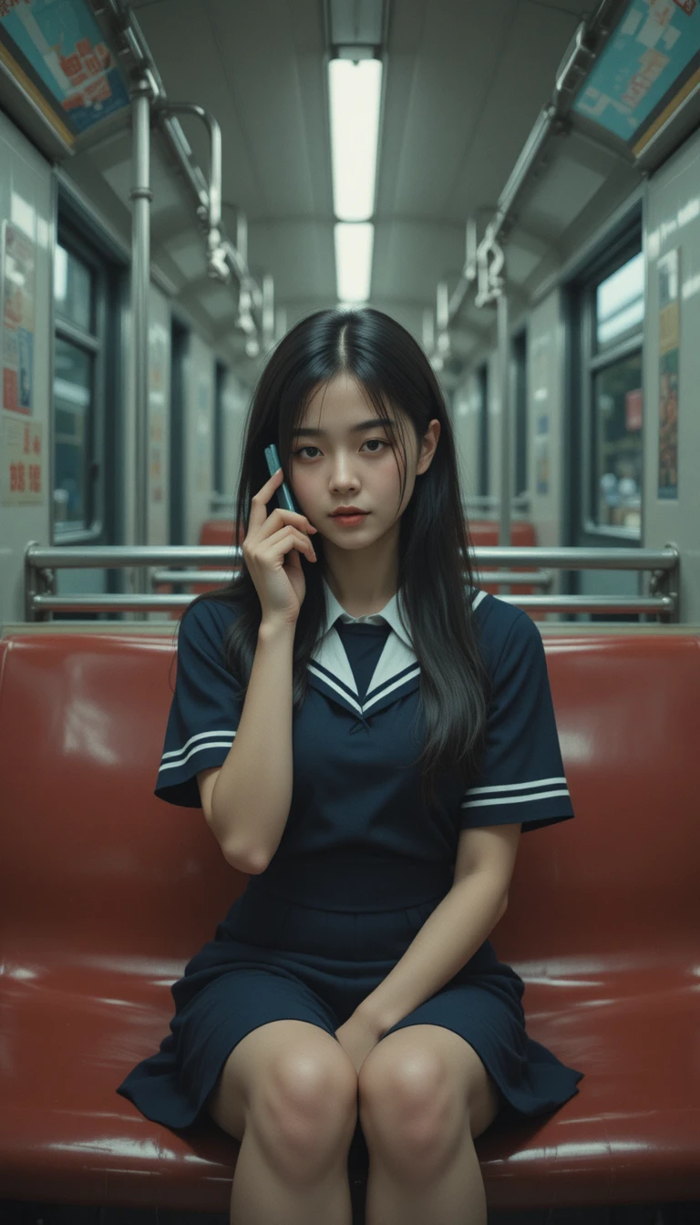 Young woman in school uniform on a nostalgic train