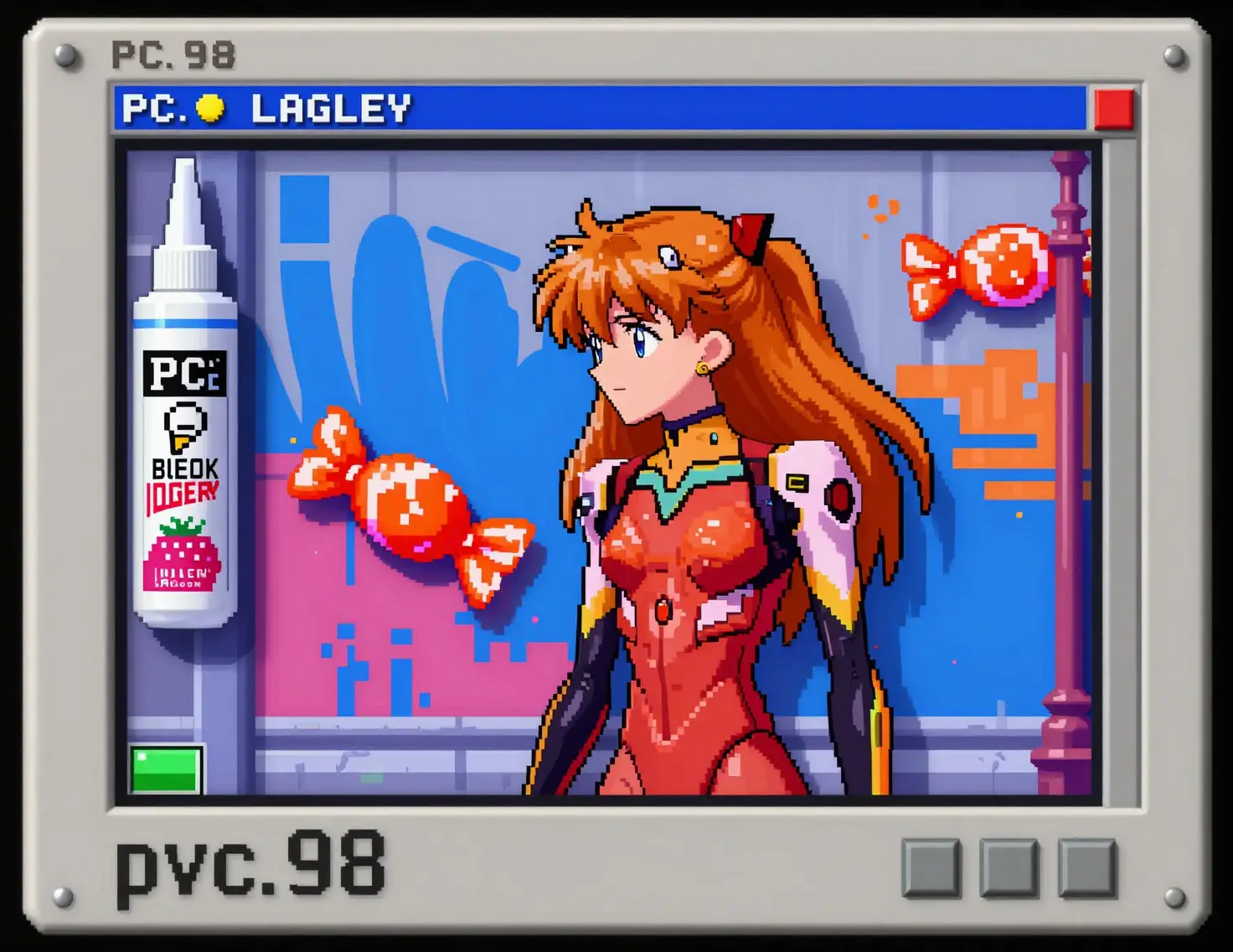 Anime-Mädchen sprüht Graffiti in einer Retro-Pixel-Stadtstraße