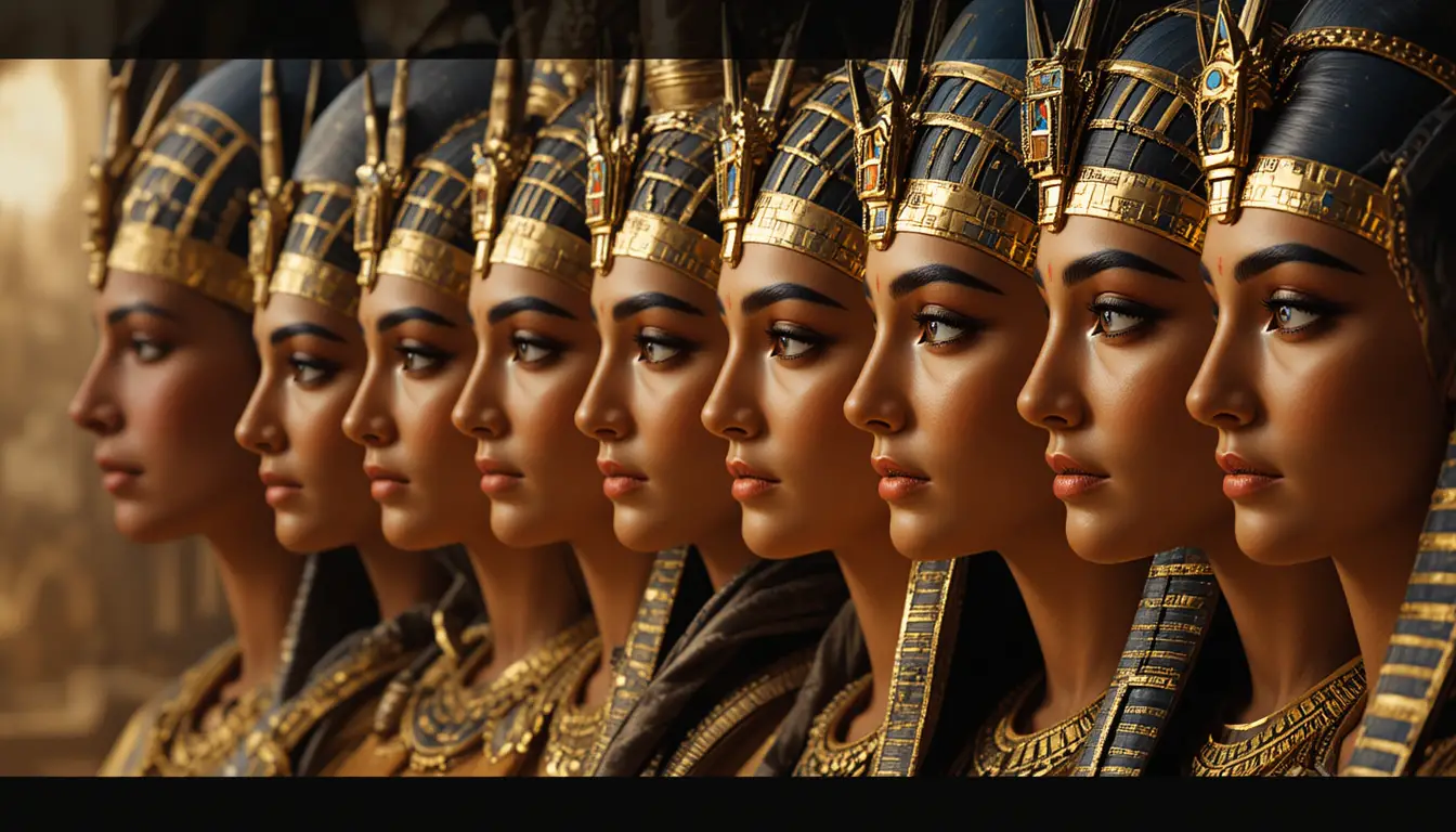Ancient Egyptian pharaohs and queens standing together