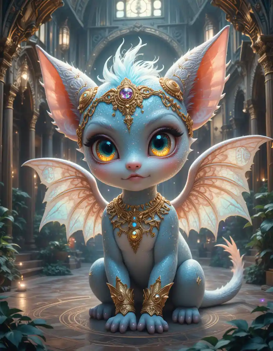 Cute winged creature in a glowing magical courtyard
