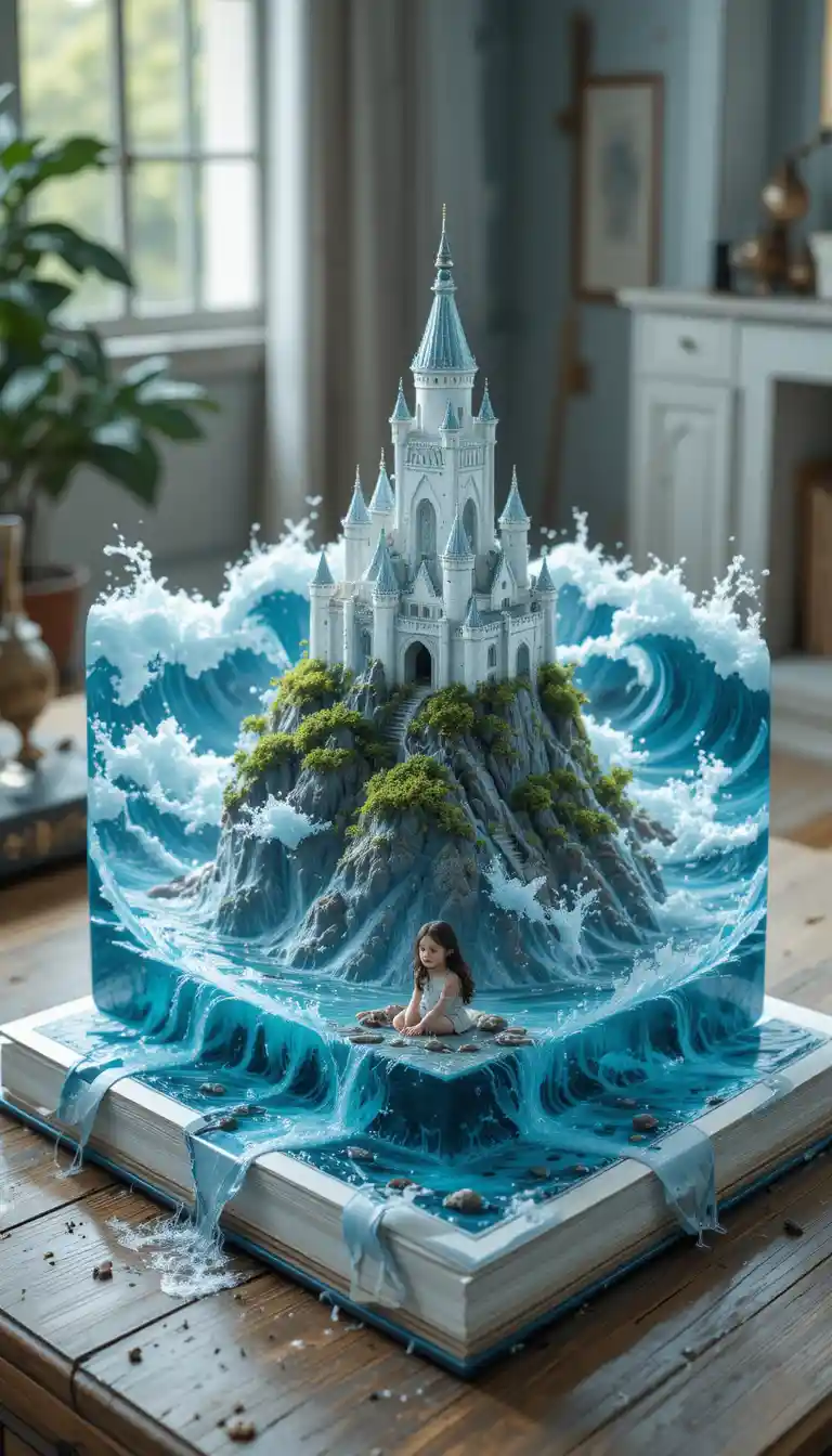 Isometric fantasy world emerging from an open book