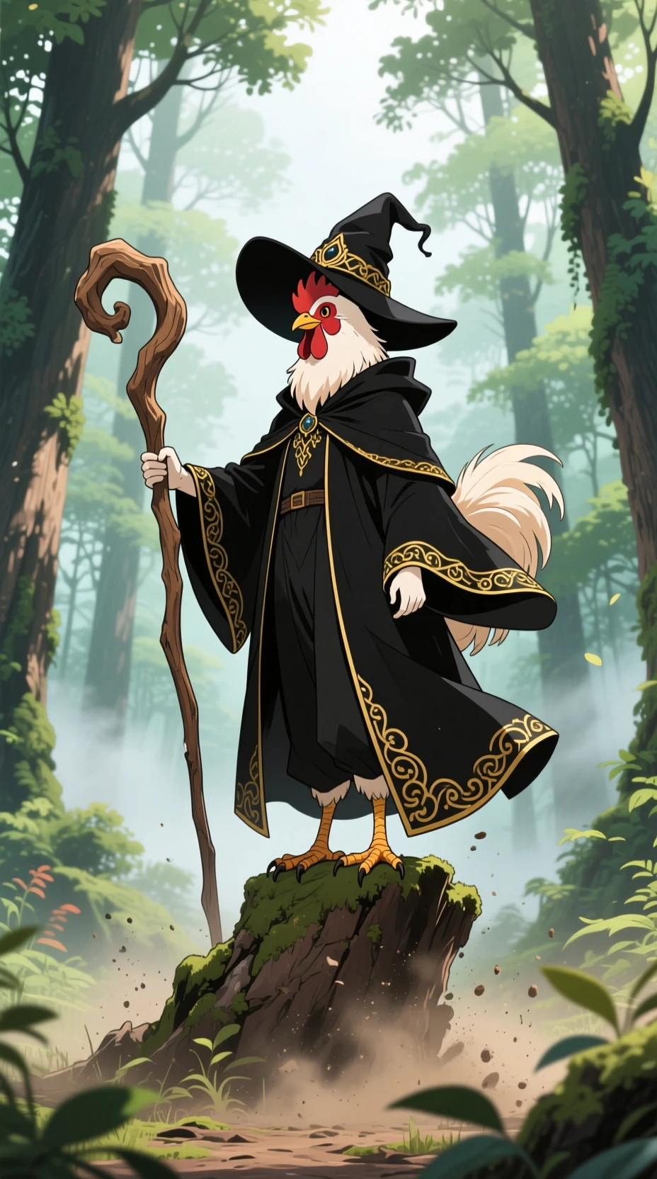 幻想的なアニメ風ニワトリ魔法使いがたたずむ霧の森