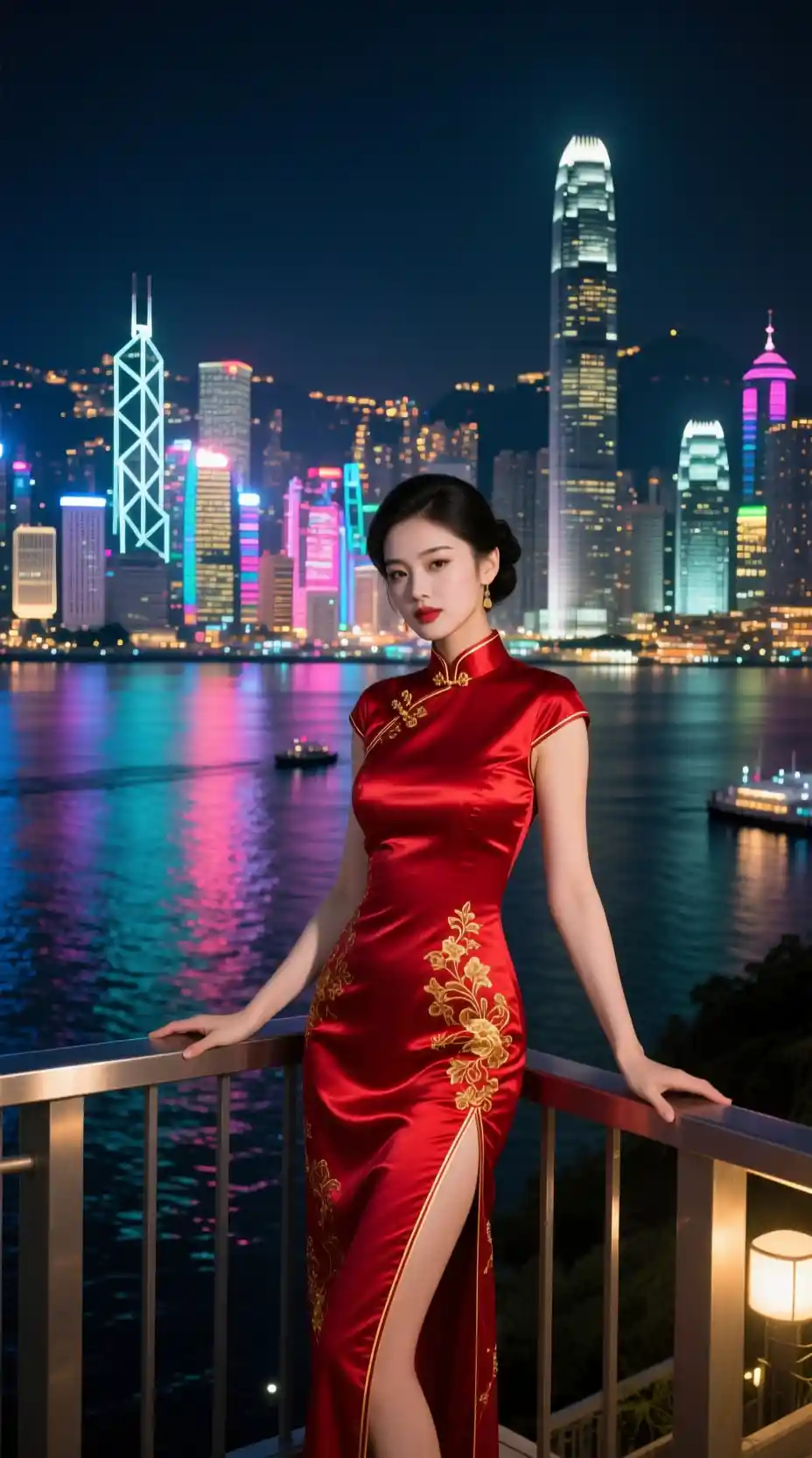 Woman in red cheongsam over Hong Kong night skyline