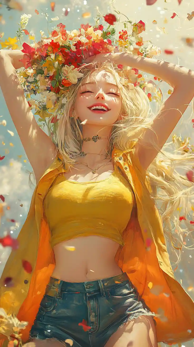 Anime girl smiling with flowers balanced on her head