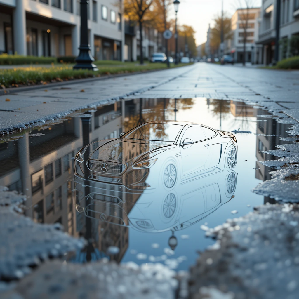 Auto futuristica sospesa sopra il riflesso di un marciapiede cittadino