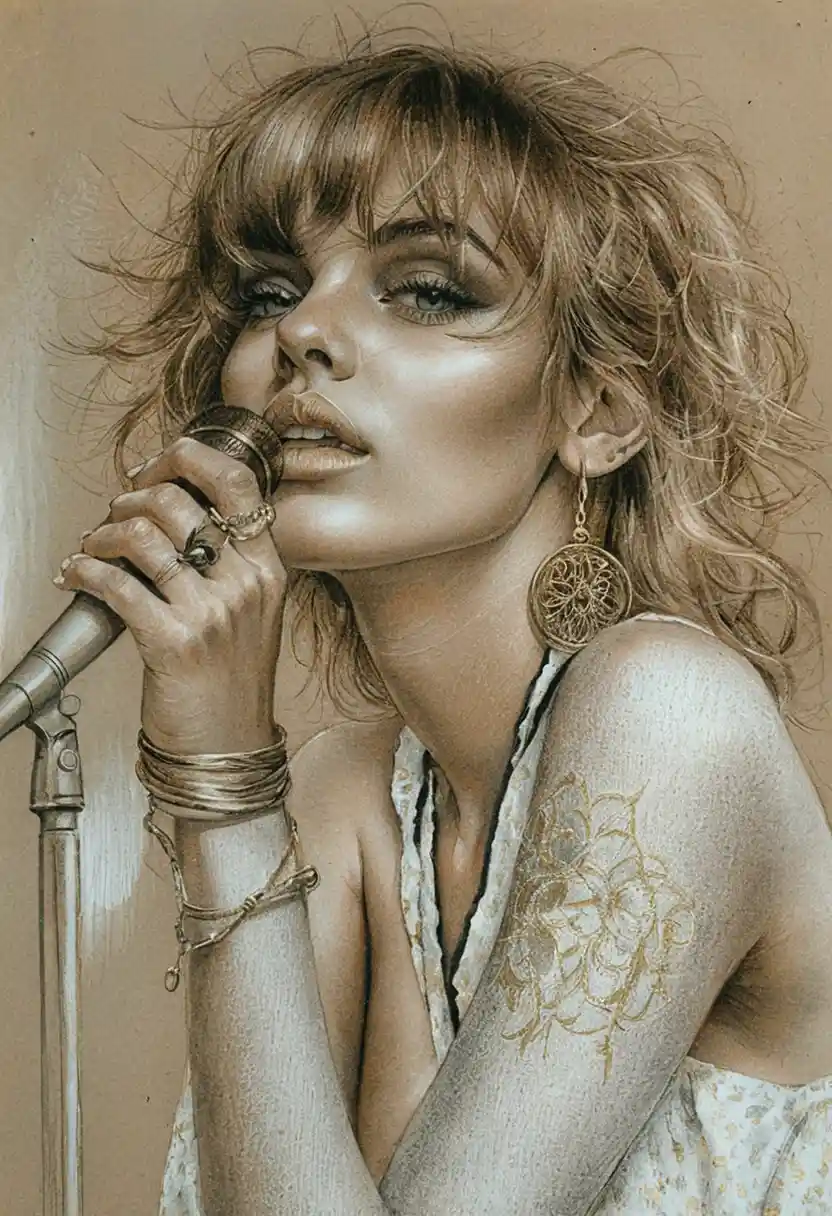 Portrait en graphite d’une chanteuse blonde avec micro vintage