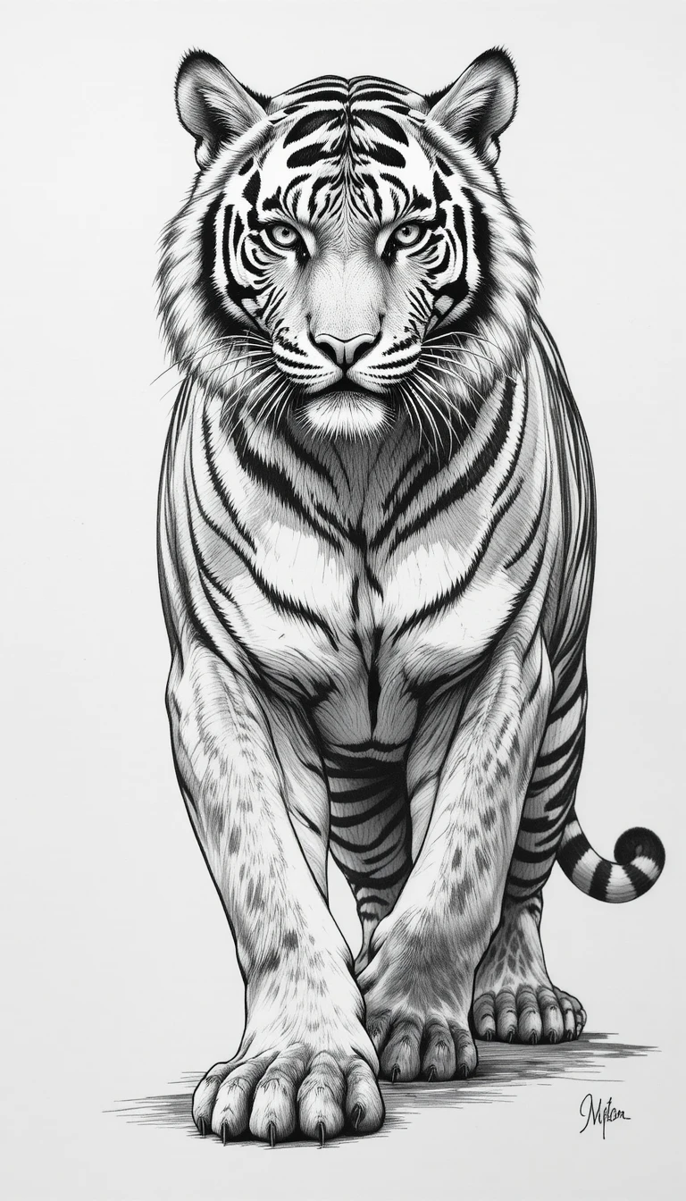 Black and white pencil drawing of a powerful bengal tiger