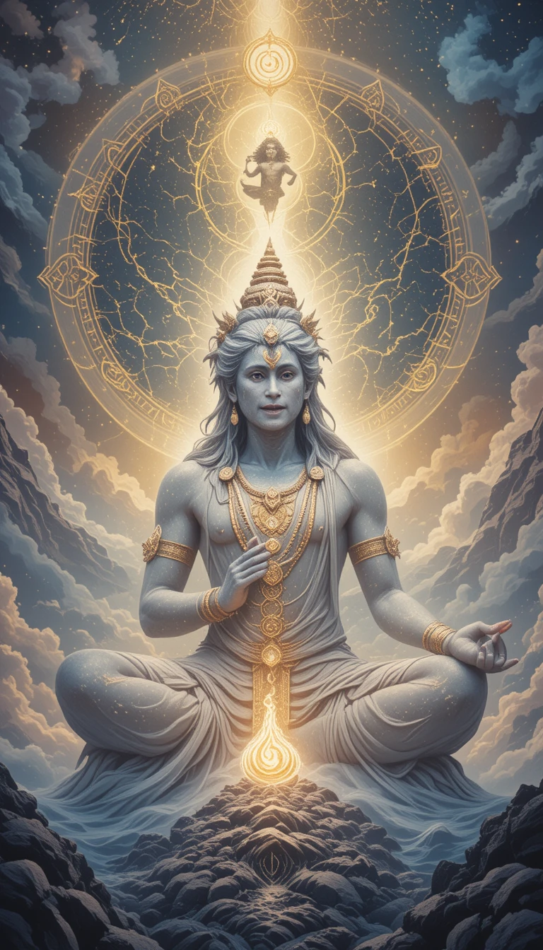 Serene Hindu deity meditating in a mystical landscape