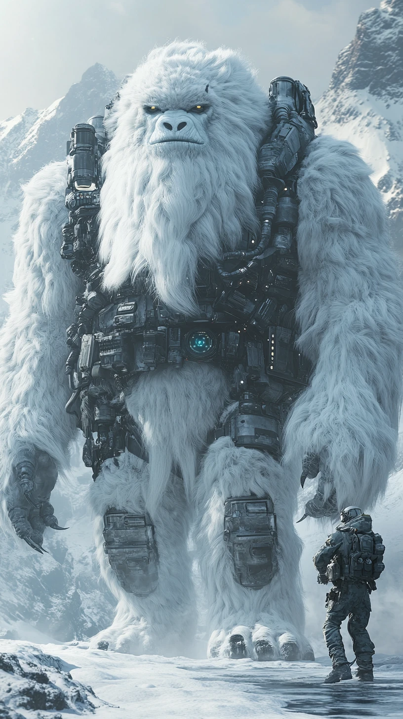Cyber armored yeti and soldier in snowy mountain pass