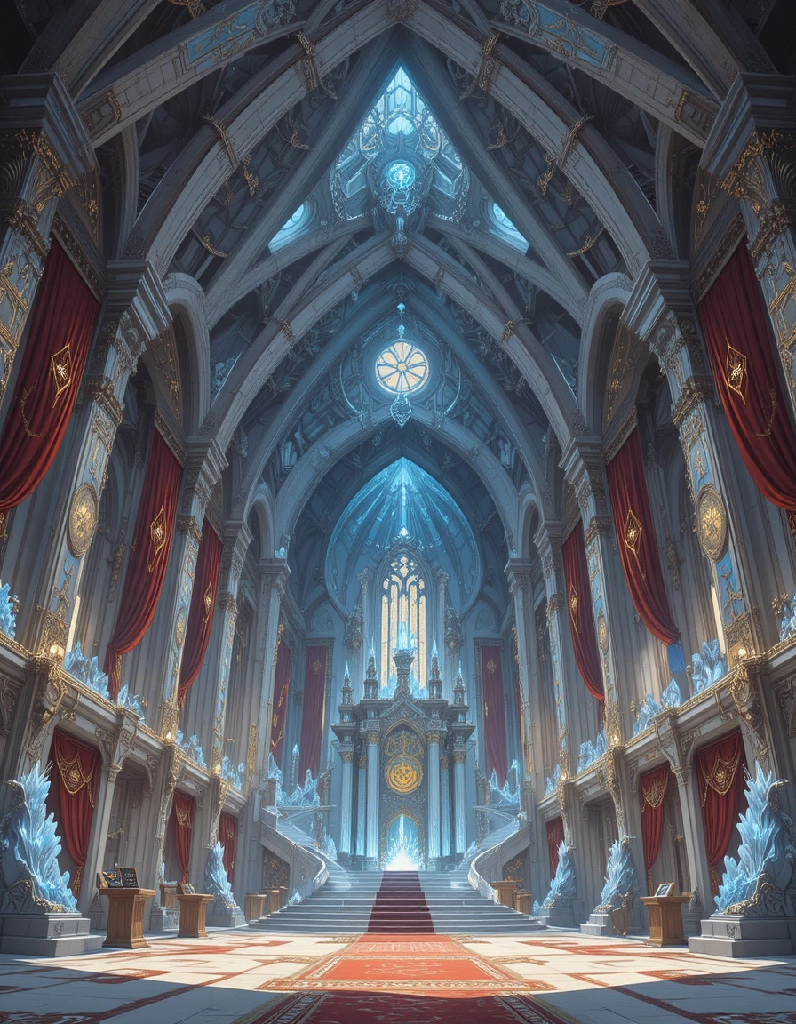 輝くクリスタル装飾の壮大なファンタジー魔法学校ホール