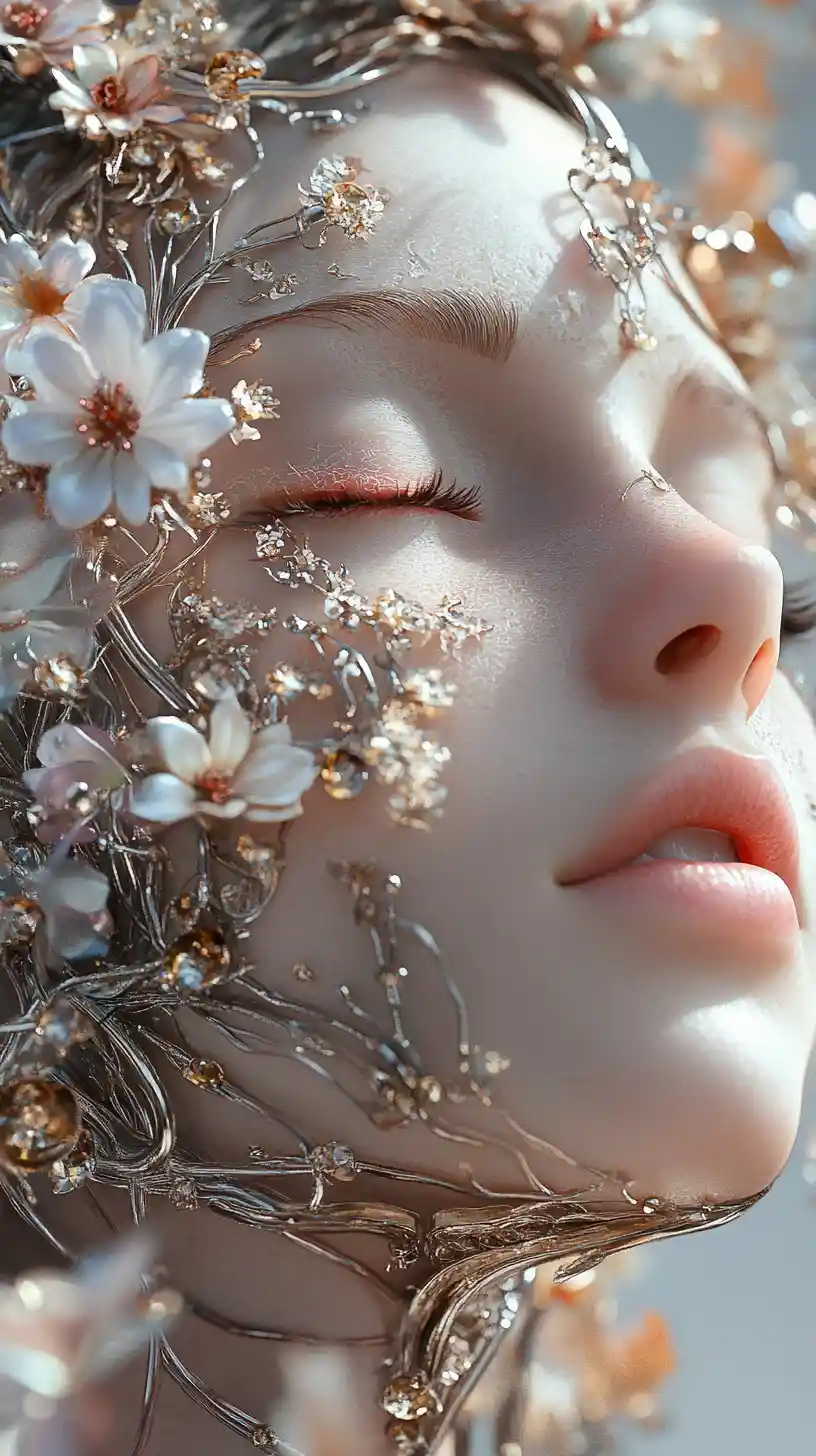 Cyborg woman in peaceful floral cyberpunk portrait
