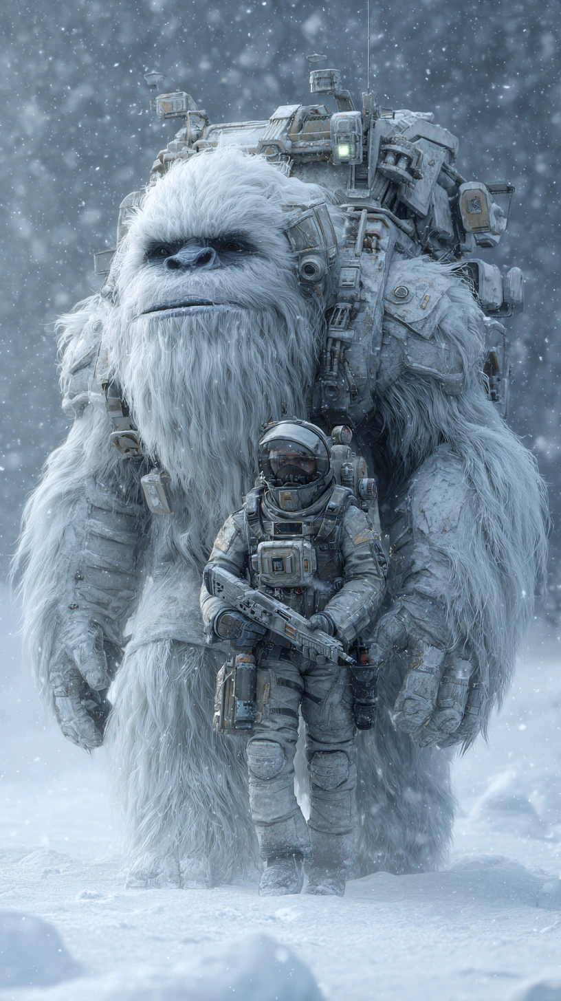 Cyber armored white yeti with human core diver companion