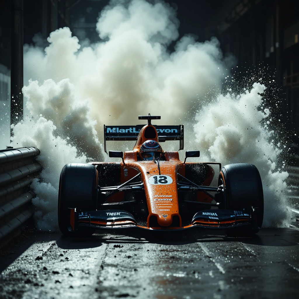 Filmreifer Crash eines Formel-Rennwagens in die Barriere