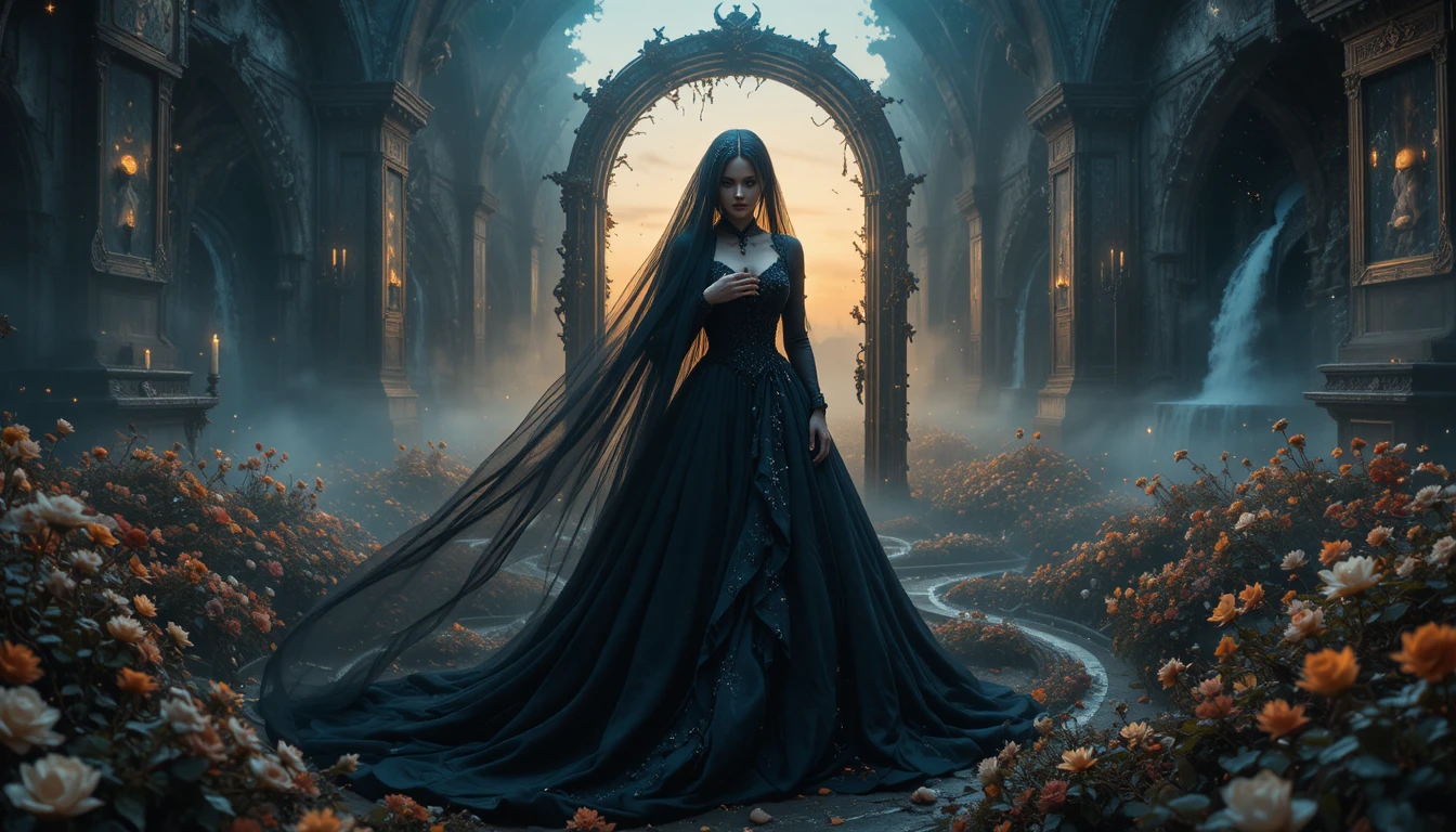 Noiva gótica de preto entre neblina e flores secas