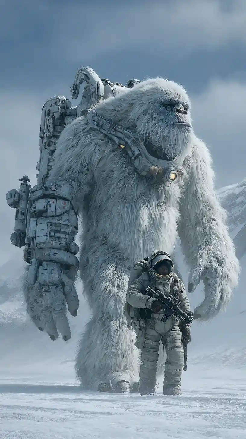 Cyber armored white yeti beside core diver on ice world