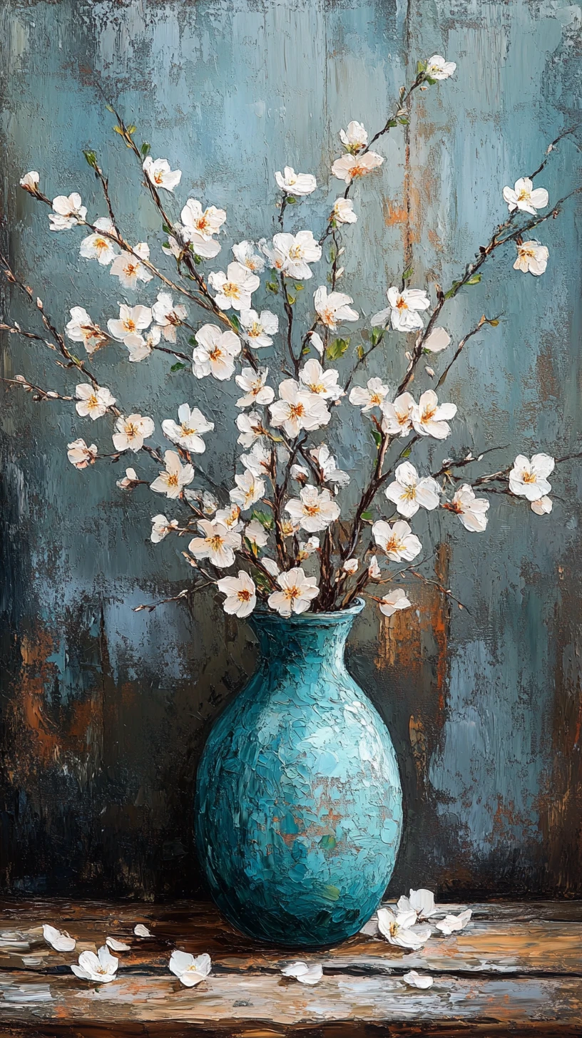 Fleurs blanches dans un vase turquoise sur une table en bois rustique