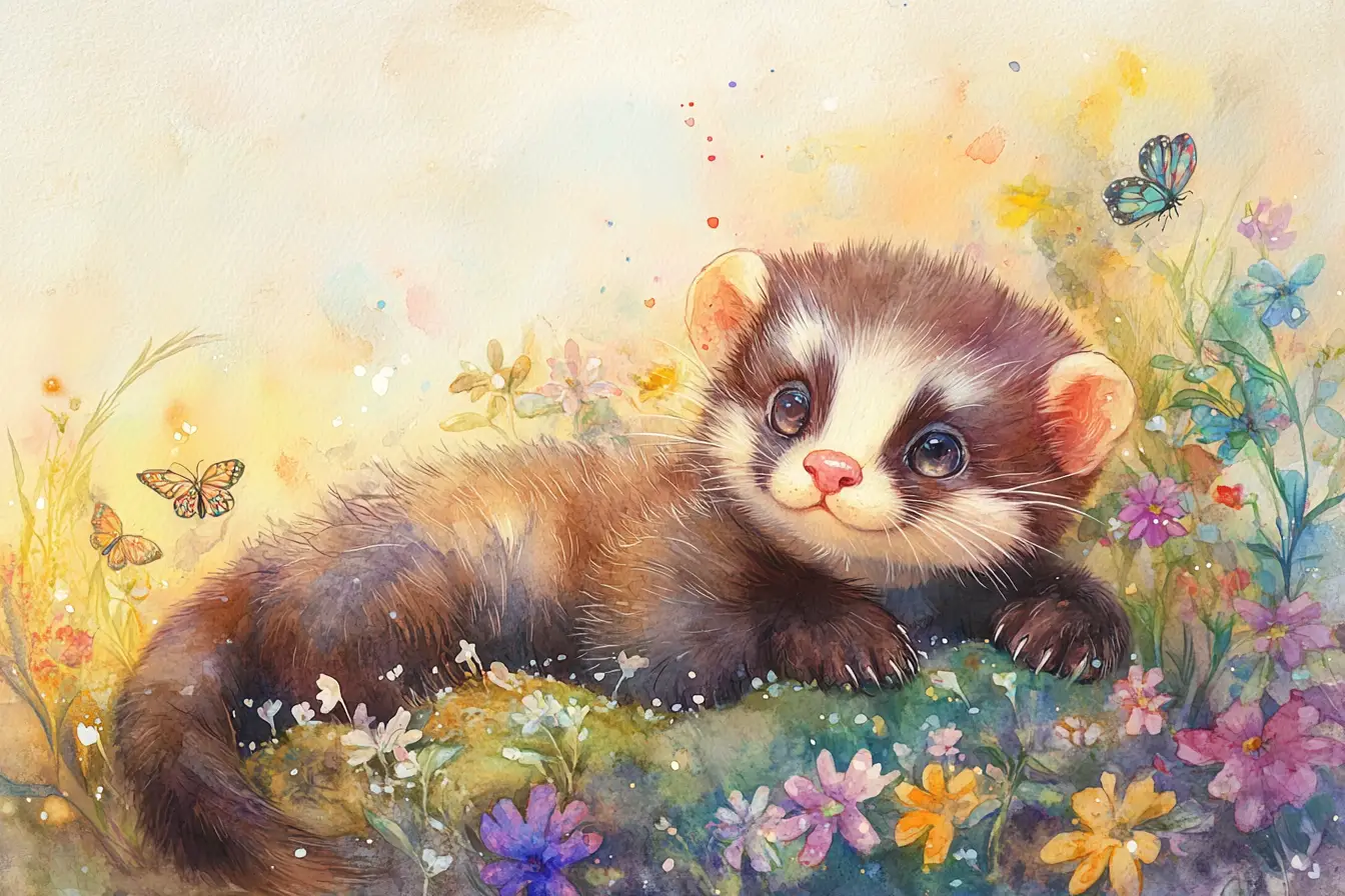 Whimsical watercolor ferret in a sunny flower meadow