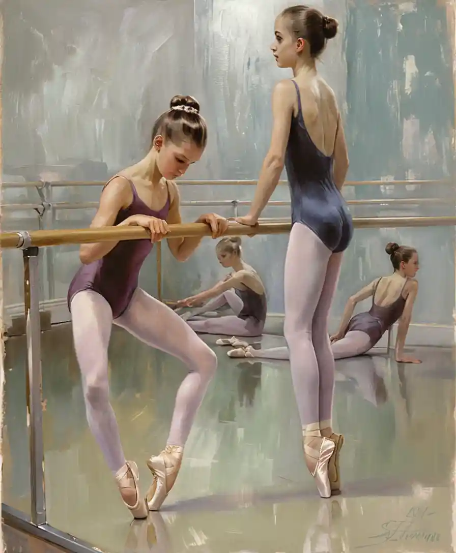 Young ballerinas lined up at the studio barre