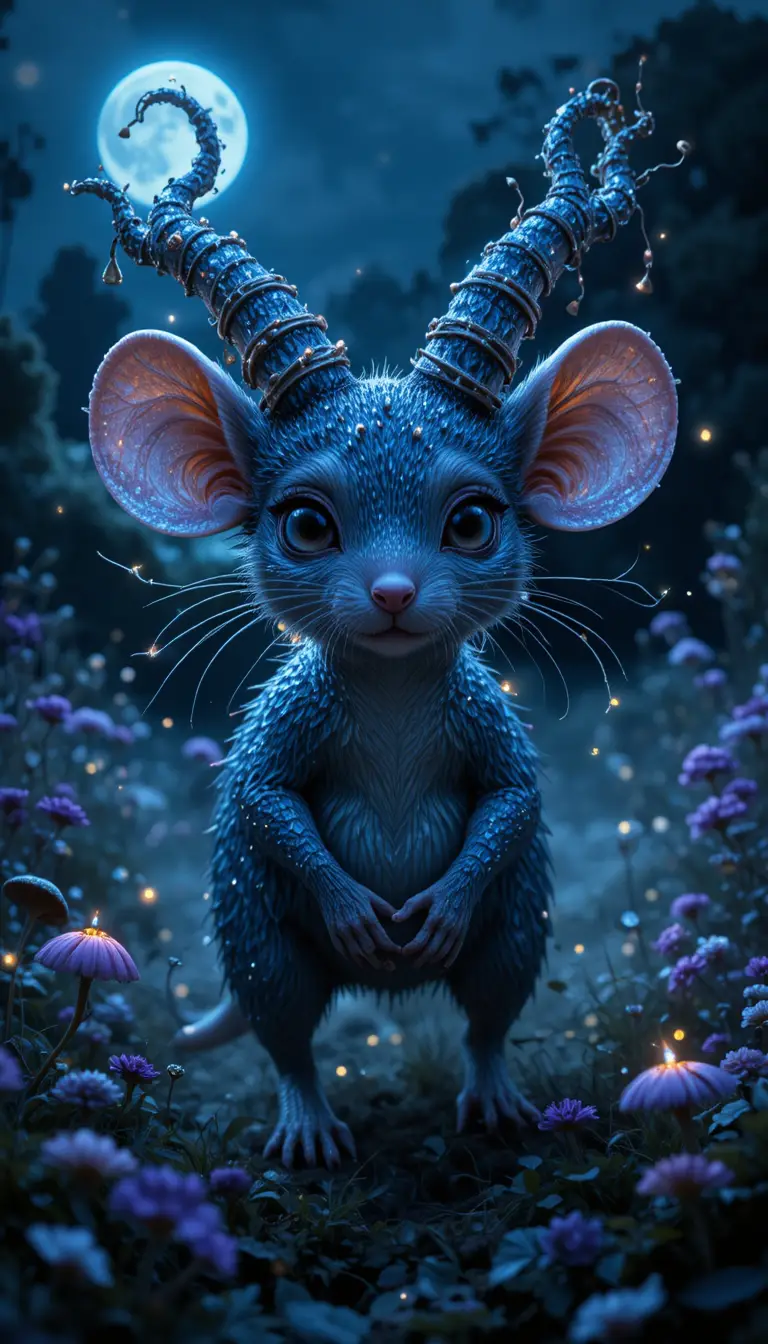 Horned starlit creature wandering through a moonlit meadow