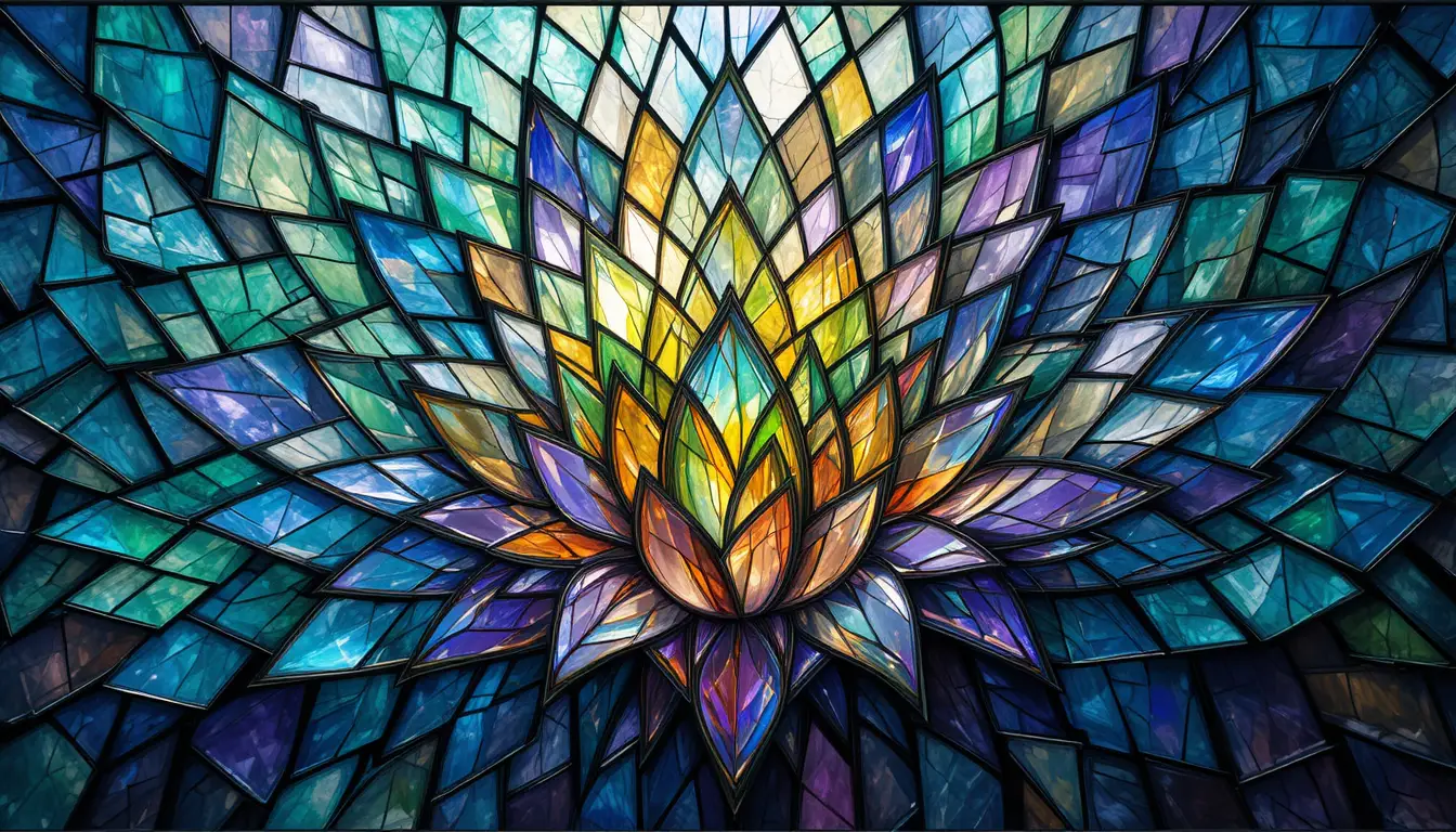 Vibrant stained glass mosaic with blooming geometric shards