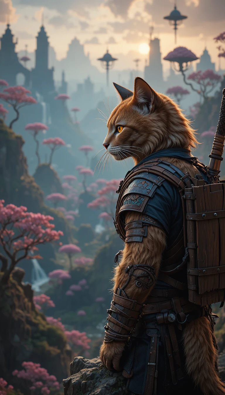 Armored cat warrior on a cliff at sunset