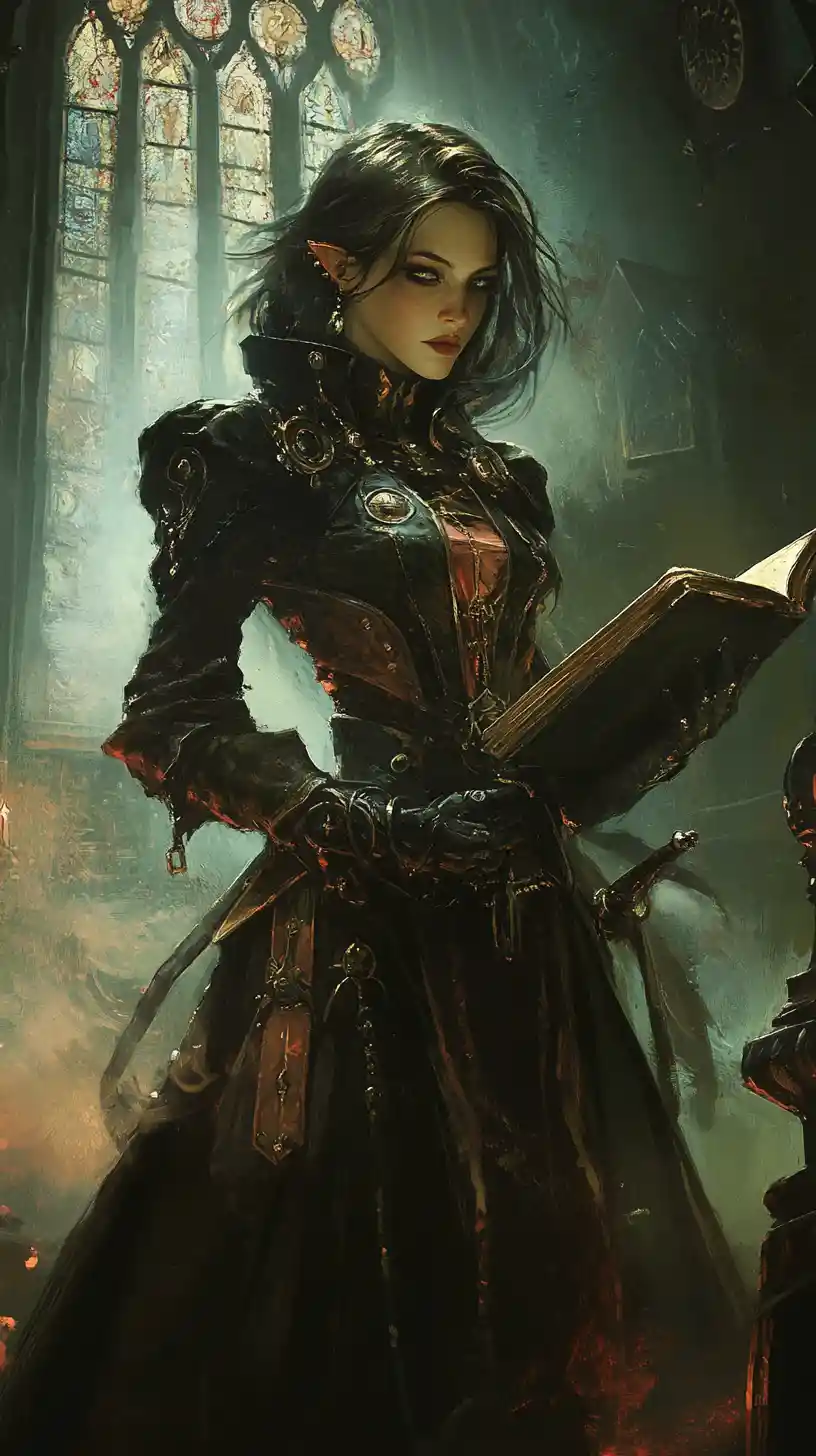 Vampire priestess in a misty steampunk street at night