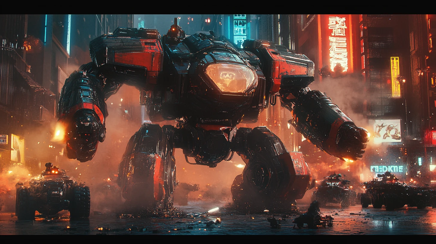 Armored sci fi mech crushing alien forces in city streets
