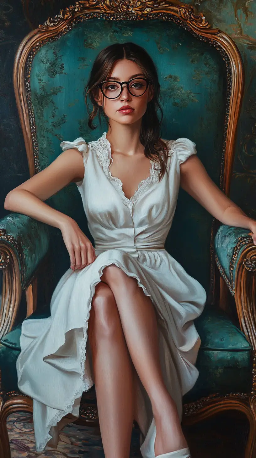 Young woman in glasses on vintage green baroque chair