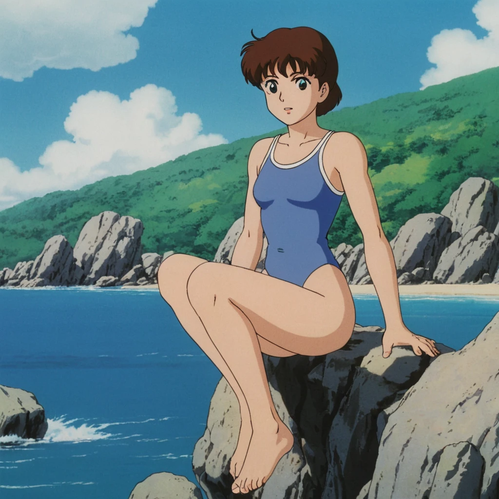 Young girl sitting on a rock beside a calm lakeside