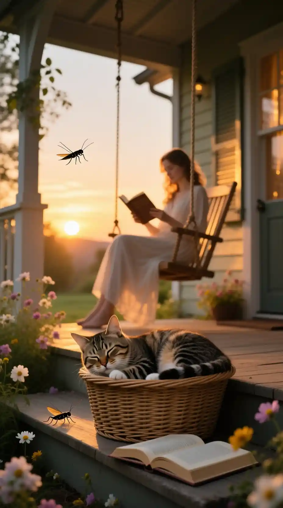 Getigerte Katze schläft in einem Weidenkorb in der Abenddämmerung
