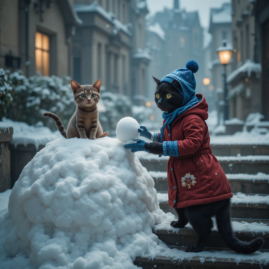 Black cat in red snowsuit shoveling snow on sidewalk