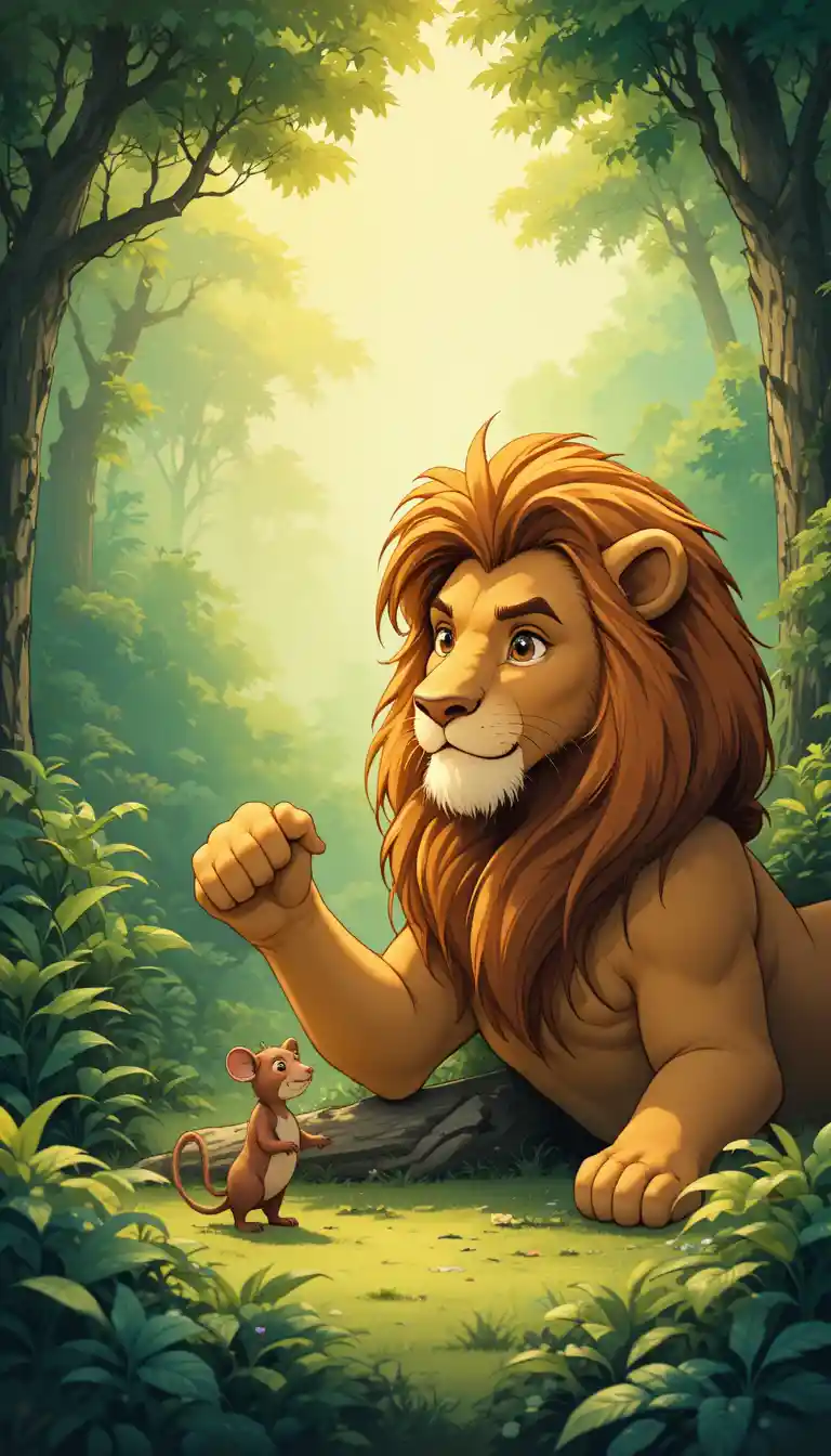 Gentle lion sparing a tiny mouse in a sunlit jungle