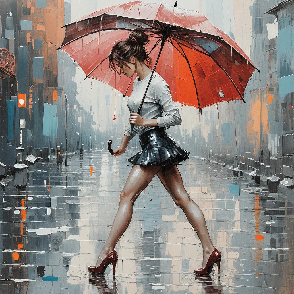 Elegant woman under red umbrella on rainy city street