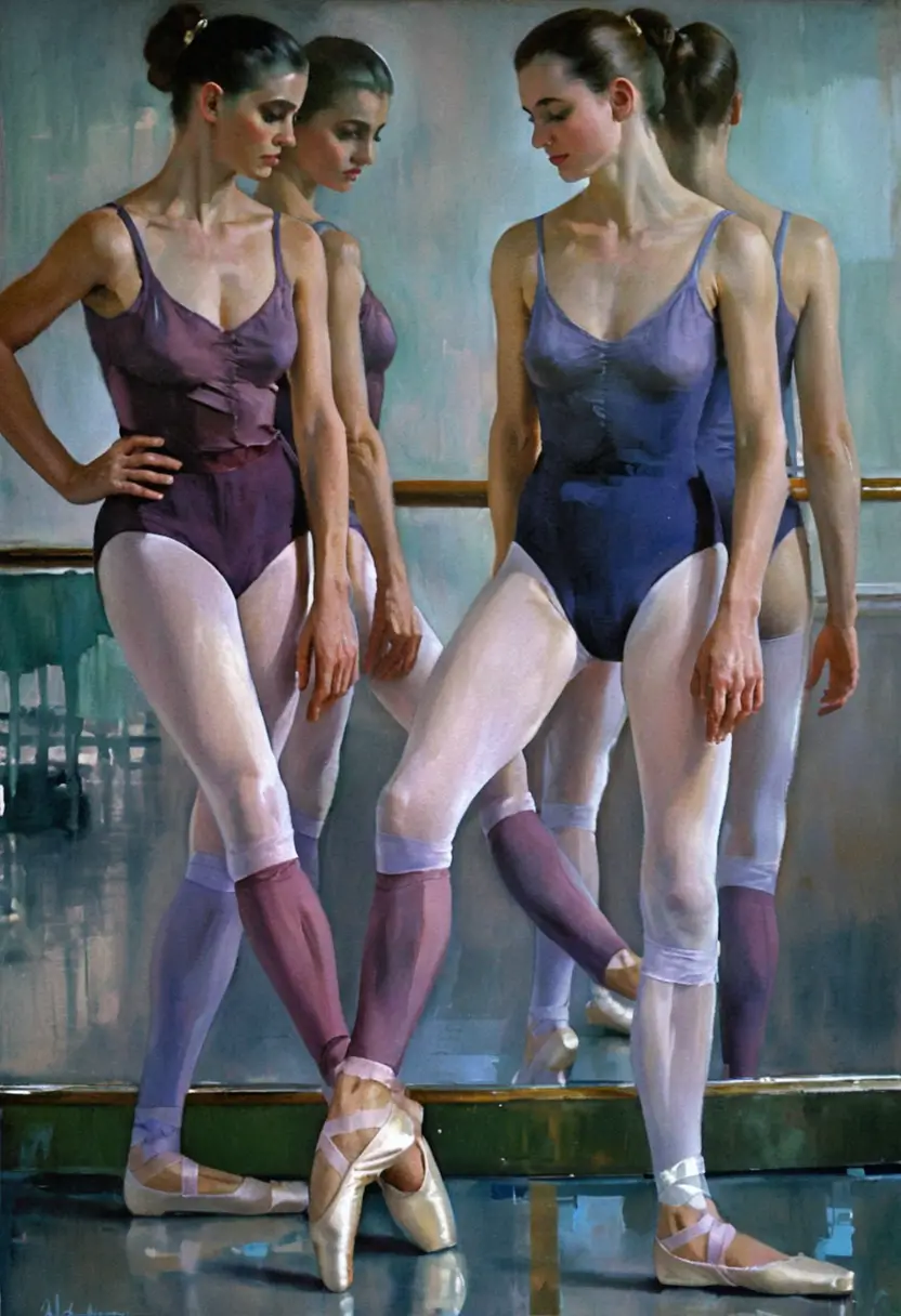 Three young ballerinas practicing at the studio barre