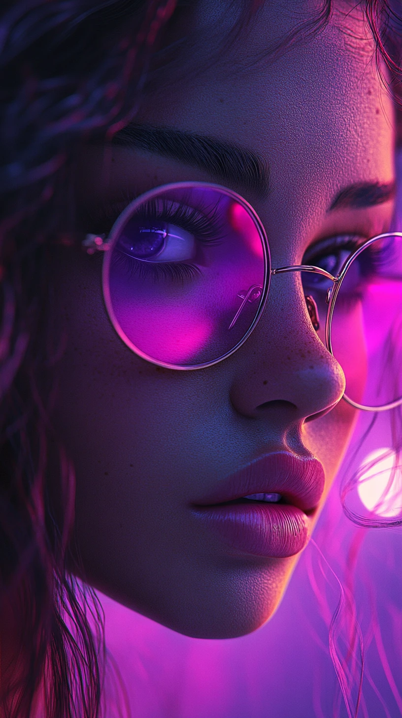 Silver haired anime girl in neon pink and violet glow