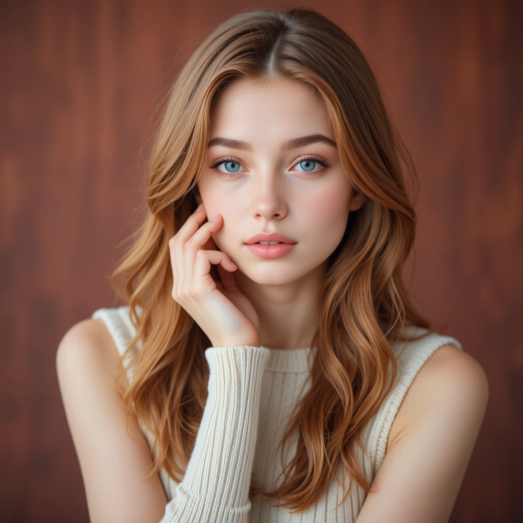 Young woman portrait with auburn hair and blue eyes