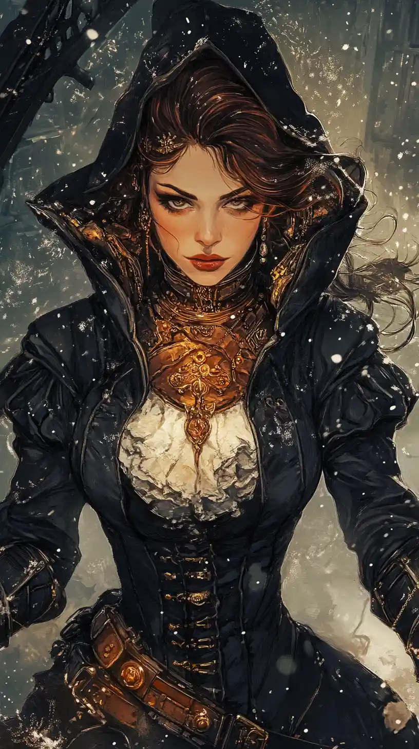 Vampire priestess red riding hood in steampunk gaslit street