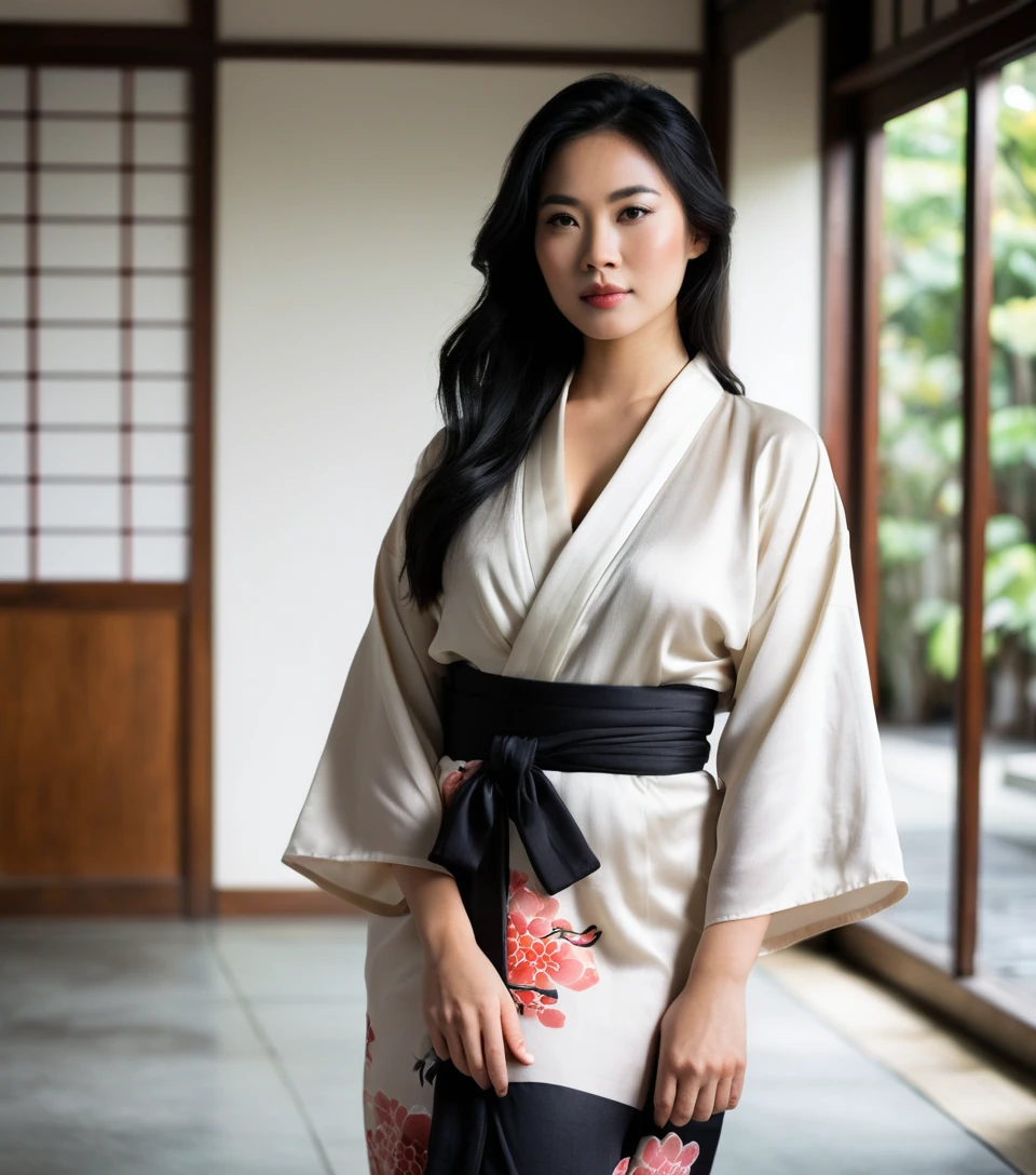 Vietnamese woman in silk yukata in minimalist interior
