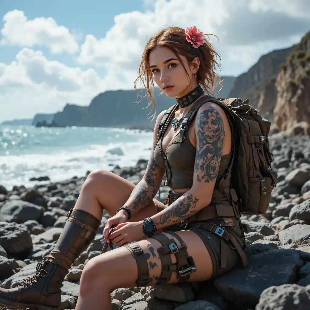Tattooed young woman resting on a rocky ocean beach