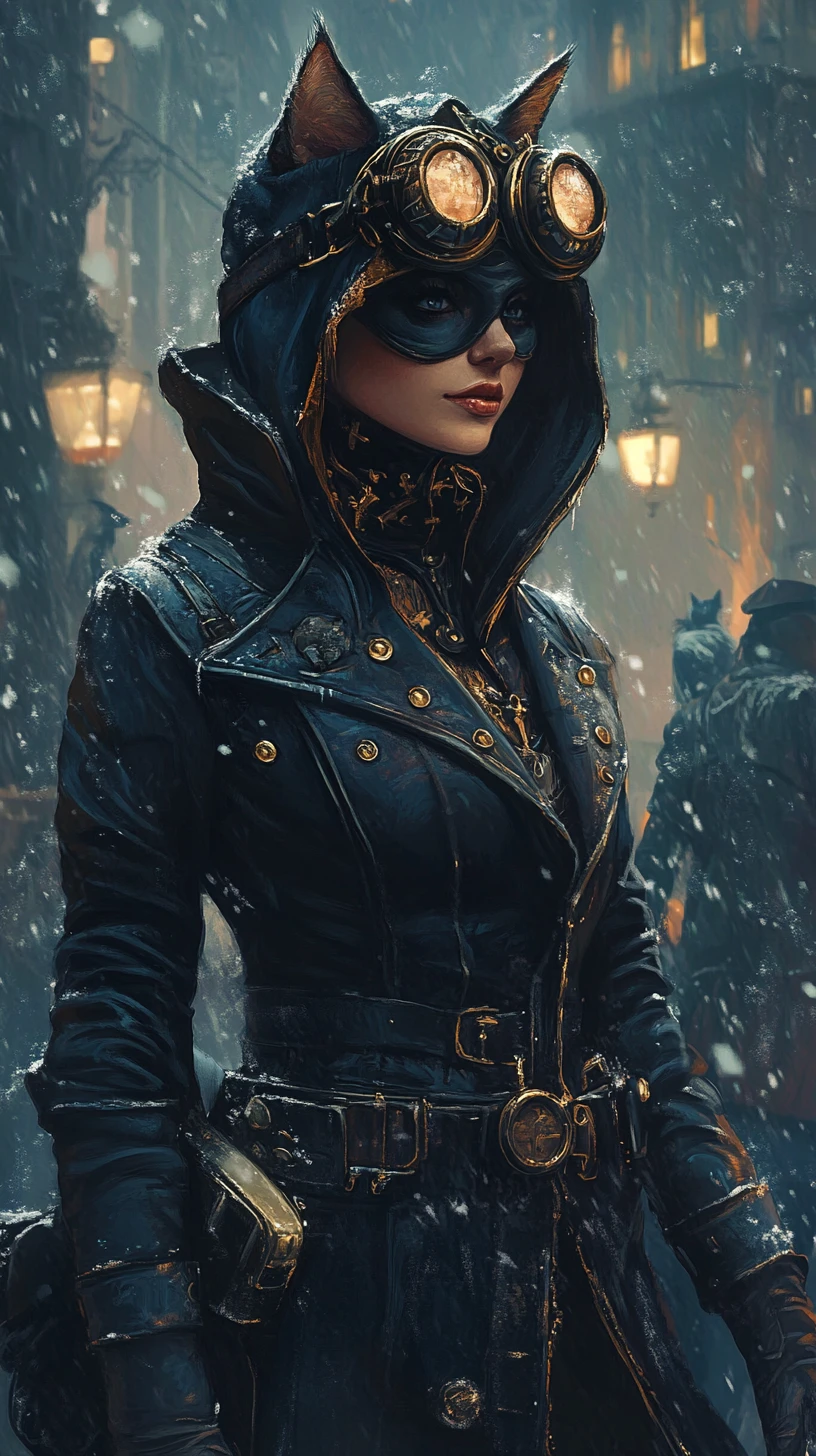 Vampire red riding hood in a misty steampunk street